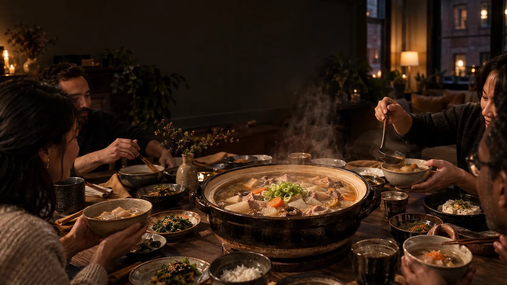 Friends gathered around a steaming donabe pot of tonjiru at Boston J Lounge